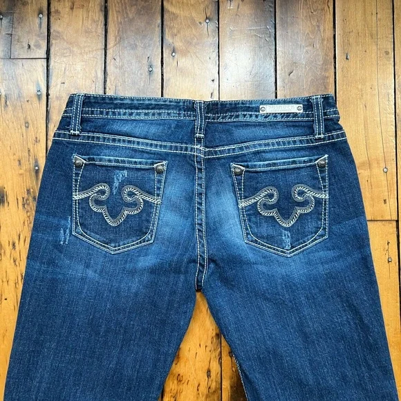 Rerock Express Womens 12 Low Rise Boot Cut Jeans Dark Wash Embroidered Y2K 32x30 - Picture 9 of 13